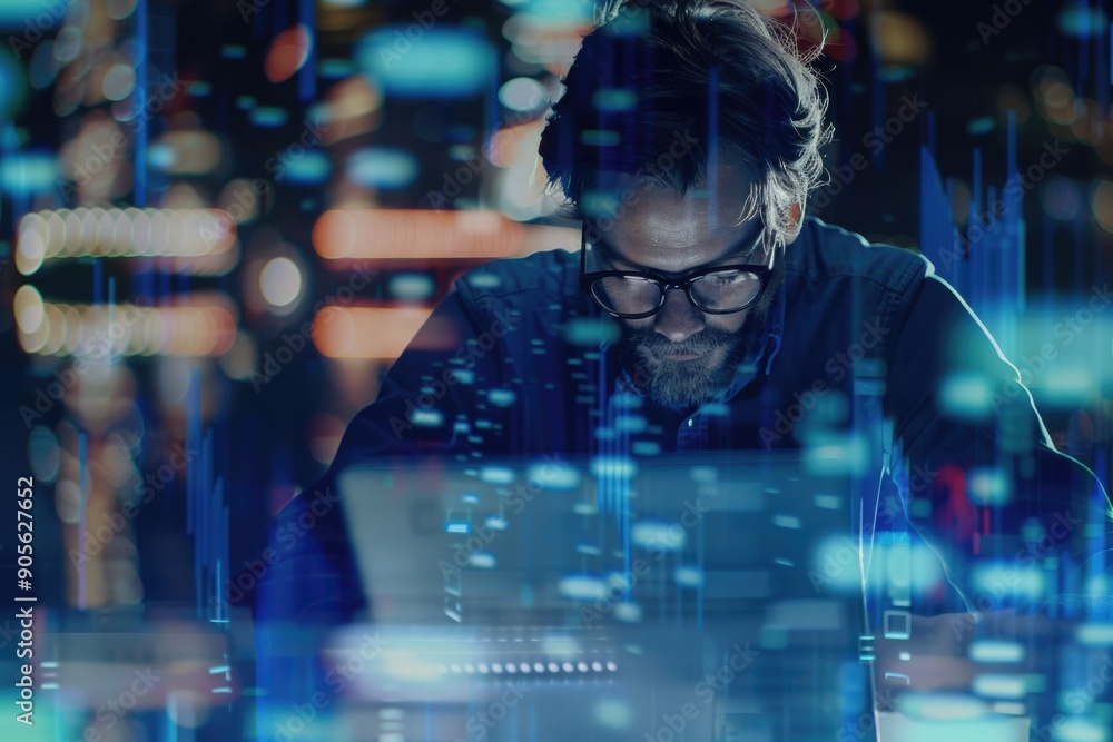 Poster a man is sitting in front of a computer screen with a blurry background. he is wearing glasses and h