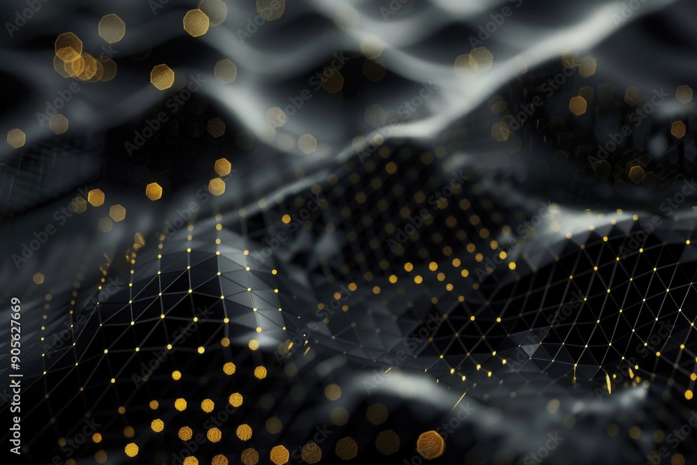 Poster a black and gold patterned surface with many dots. the image has a futuristic and abstract feel to i