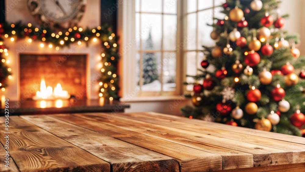Poster empty woooden table top with abstract warm living room decor with christmas tree string light blur b