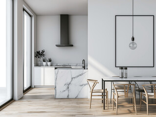Modern kitchen interior with furniture and an empty mock-up poster frame on the wall