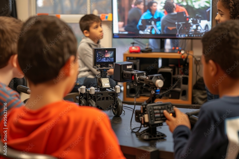 Aufkleber students participating in online robotics competition presenting projects via video call