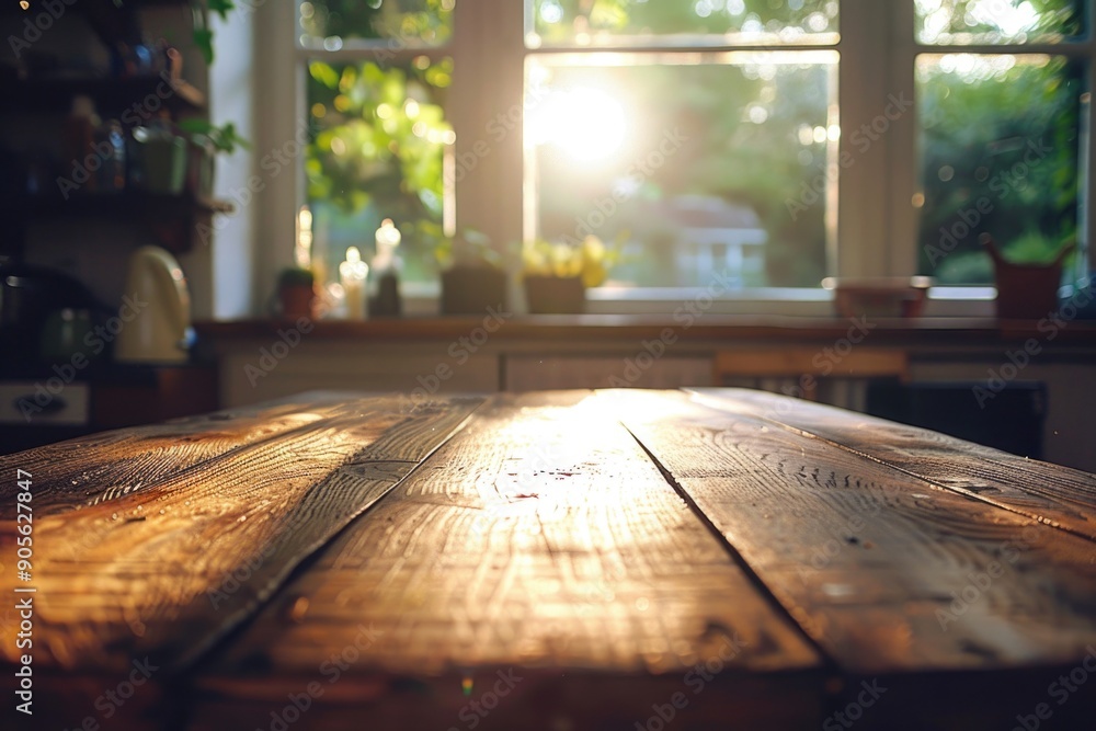 Poster a wooden table with a view of the outside. the sun is shining through the window, casting a warm glo