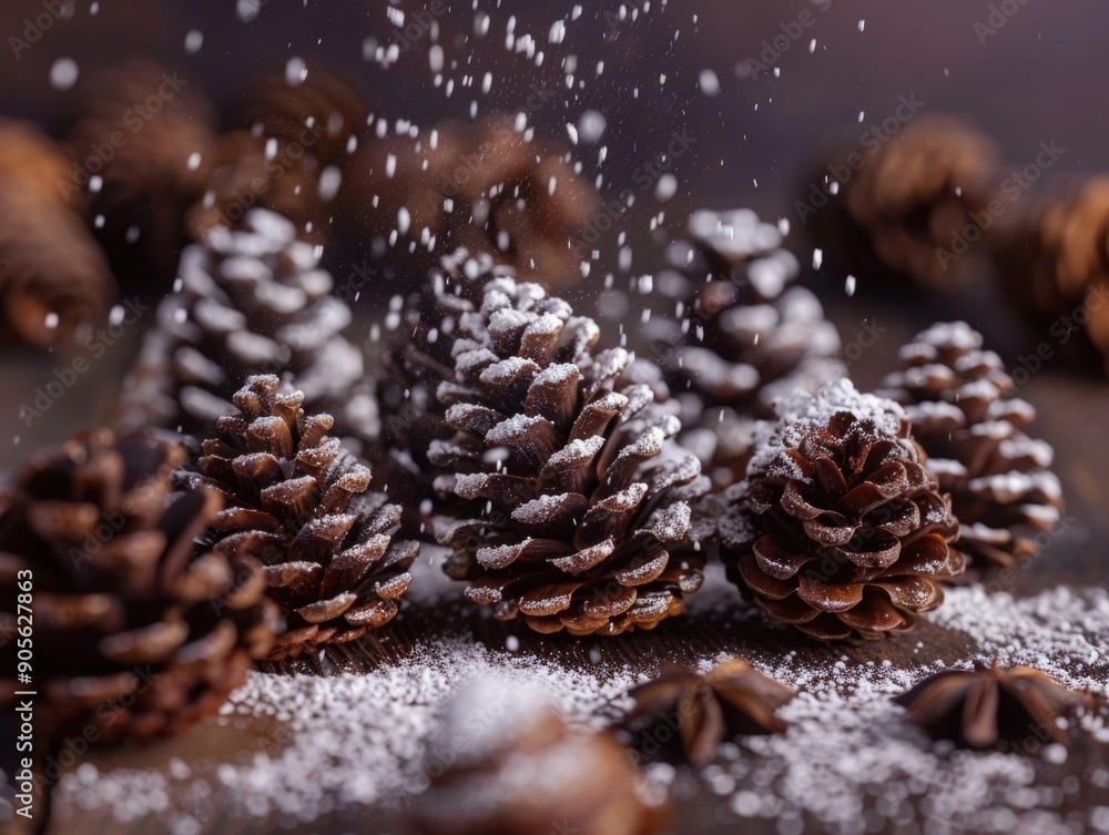 Poster a pile of pine cones covered in snow. the pine cones are arranged in a way that they look like they 