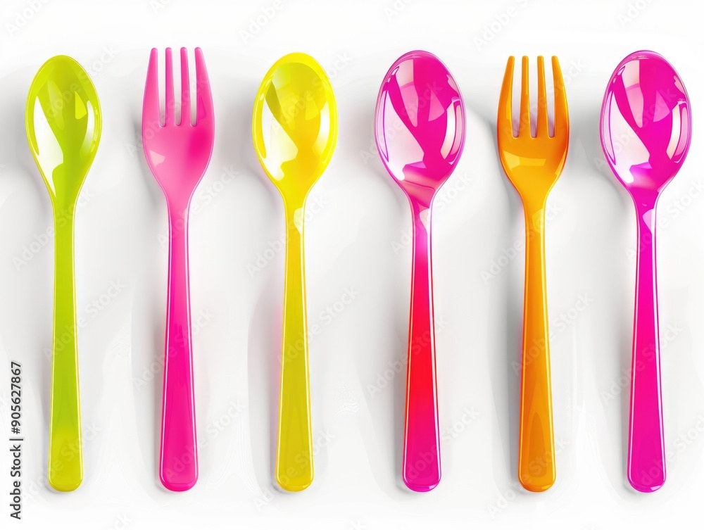 Poster a row of plastic spoons and forks are arranged in a rainbow pattern. the spoons and forks are all di