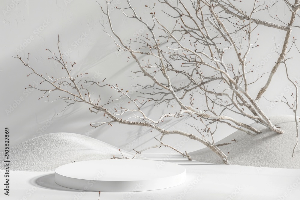 Poster a white tree branch is on a white background. the branch is bare and has no leaves. the scene is set