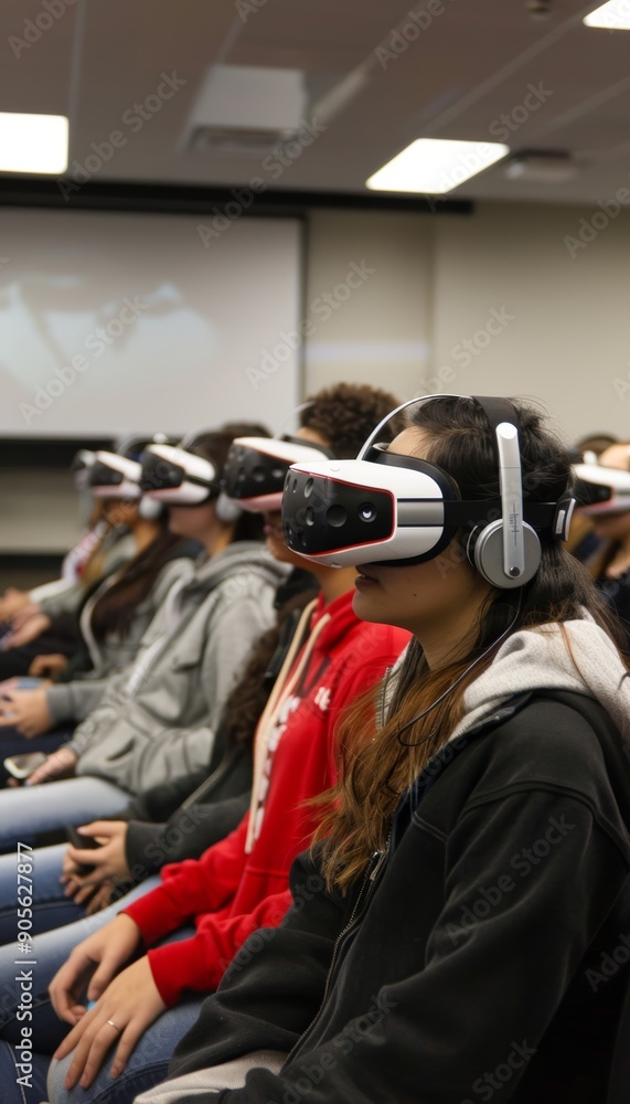 Aufkleber students engaging in interactive virtual debate using vr headsets in modern classroom setting