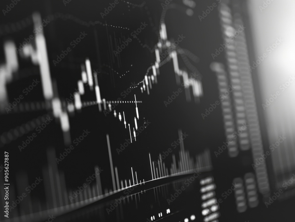Poster a close up of a graph with a downward trend. the graph is black and white and he is a stock market g