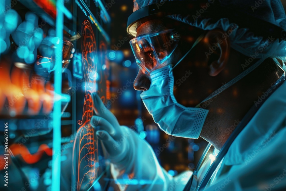 Aufkleber a man in a lab coat is wearing a mask and touching a computer screen. concept of caution and precisi