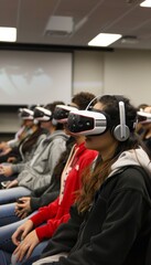 Fototapeta premium Students Engaging in Interactive Virtual Debate Using VR Headsets in Modern Classroom Setting