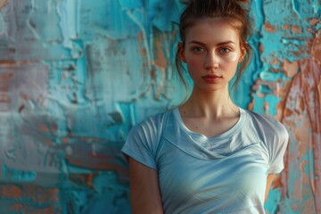 Naklejka premium A woman is standing in front of a blue wall with a blue shirt on. She has a serious expression on her face