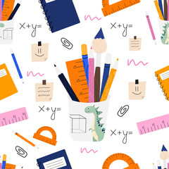 Useful school items pattern on white isolated background. Cute dino pencils holder with pens and brushes, school notebooks and math signs in back to school style. For prints, banners, school sales.
