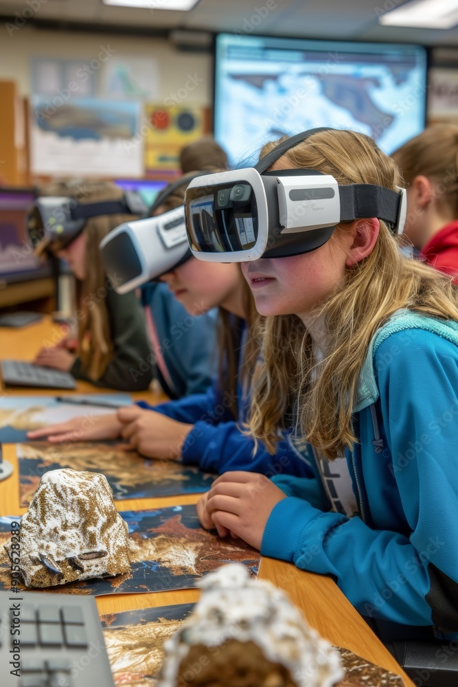 Aufkleber middle school students using vr goggles for virtual geology experiment in science classroom