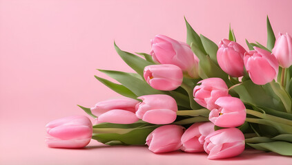 Obraz premium Beautiful composition spring flowers. Bouquet of pink tulips flowers on pastel pink background. Valentine's Day, Easter, Birthday, Happy Women's Day, Mother's Day,Generative AI