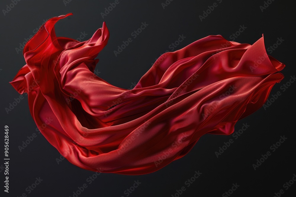 Poster a red fabric is shown in a black background. the fabric is flowing and he is in motion. scene is one