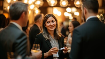 Woman talking to men during a afterwork network meeting in good atmosphere