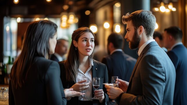 Woman talking to men during a afterwork network meeting in good atmosphere
