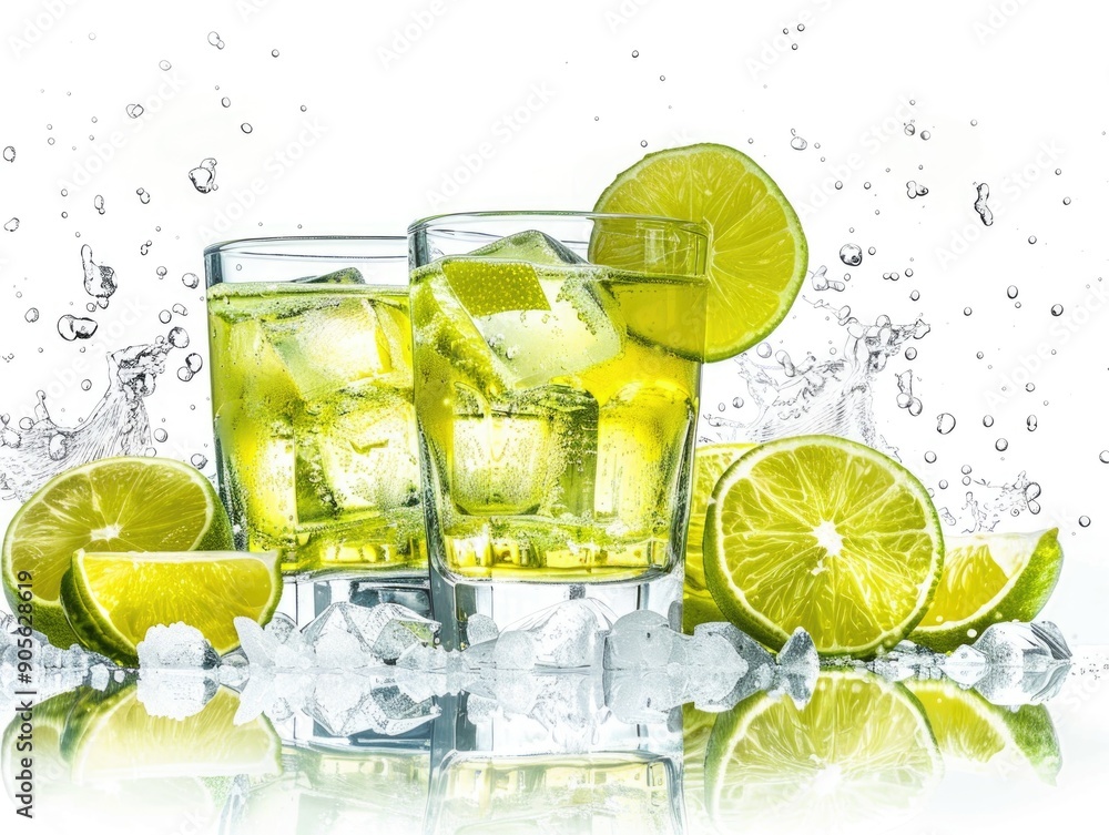 Poster two glasses of limeade with ice cubes and lime wedges. the image has a refreshing and cool mood