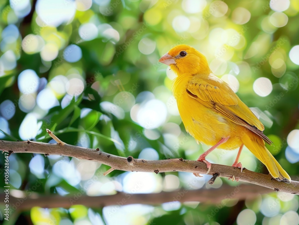 Poster a yellow bird is perched on a branch in a tree. the bird is looking to the right