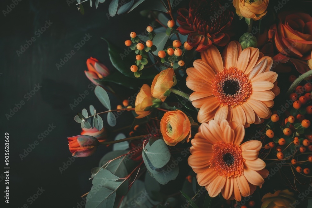 Poster orange flower composition on a dark background featuring room for images and text