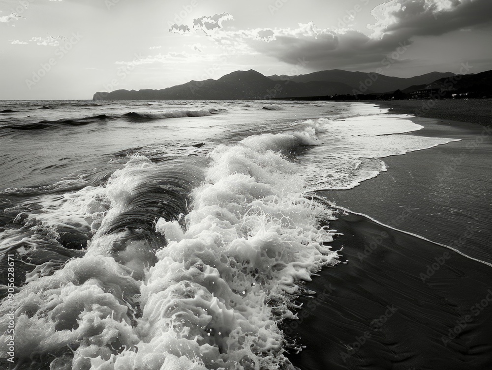 Poster the ocean is calm and the waves are small. the sky is cloudy and the beach is empty