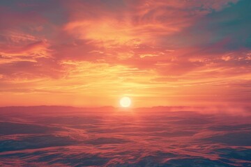 Fototapeta premium A beautiful sunset with a large sun in the sky. The sky is filled with clouds and the sun is shining brightly