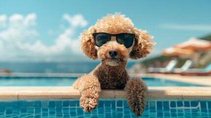 A cute dog wearing sunglasses is sitting on a pool deck