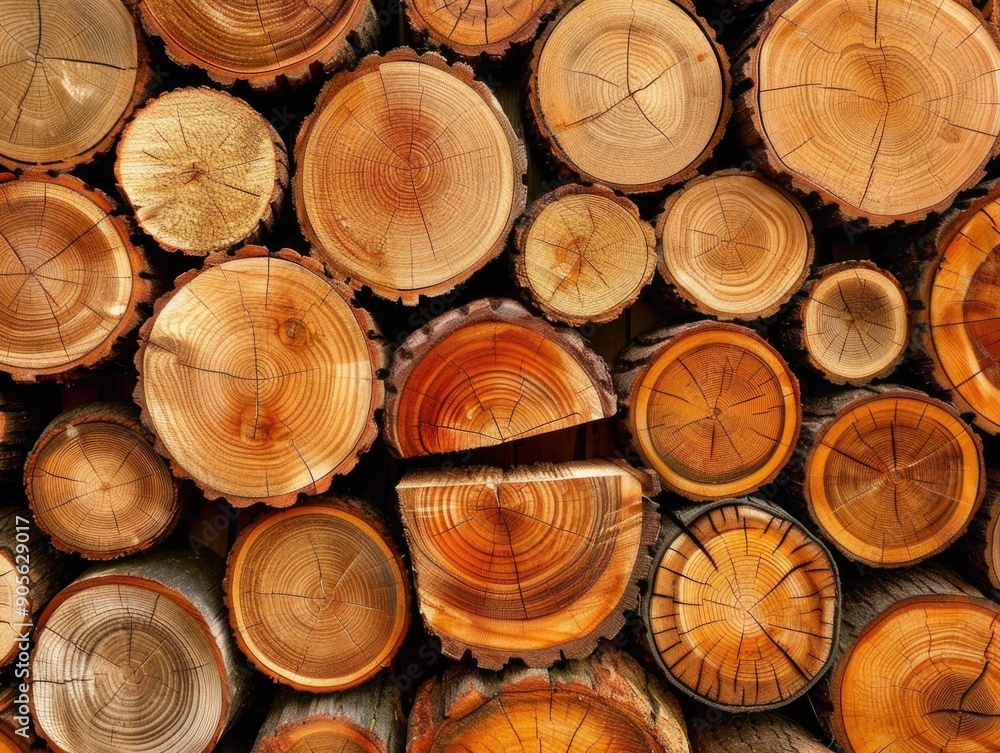 Aufkleber a large pile of wood logs, with some of them being cut in half. the logs are arranged in a way that 