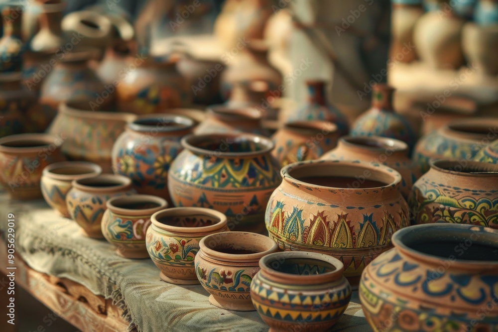 Poster a table full of colorful pottery with a variety of shapes and sizes. the table is covered with a clo