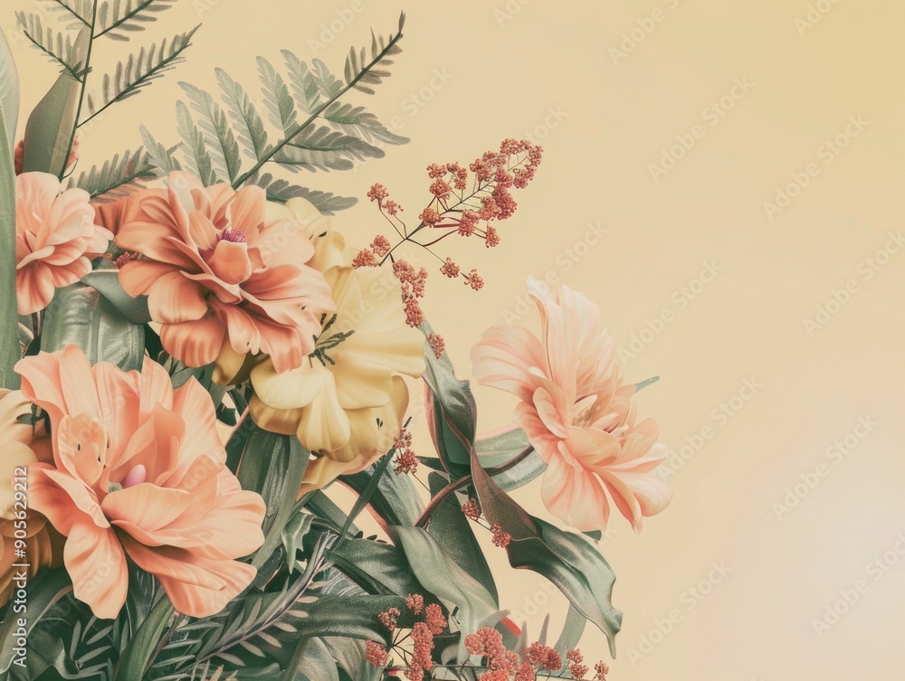 Poster a bouquet of flowers with a yellow and pink color scheme. the flowers are arranged in a way that the