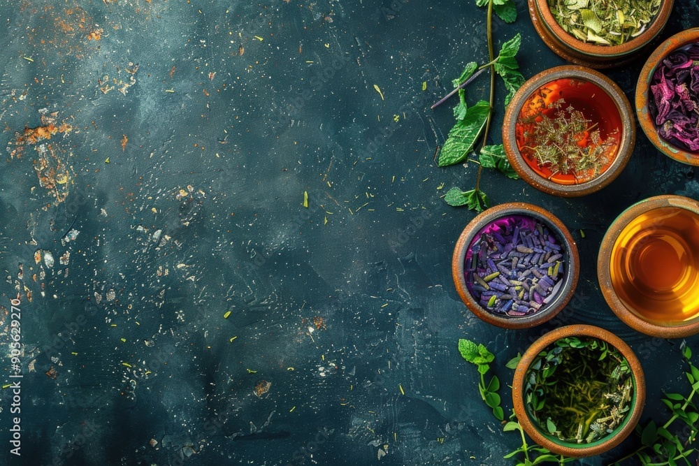 Poster a variety of teas are displayed in bowls on a dark background. the bowls are arranged in a row, with