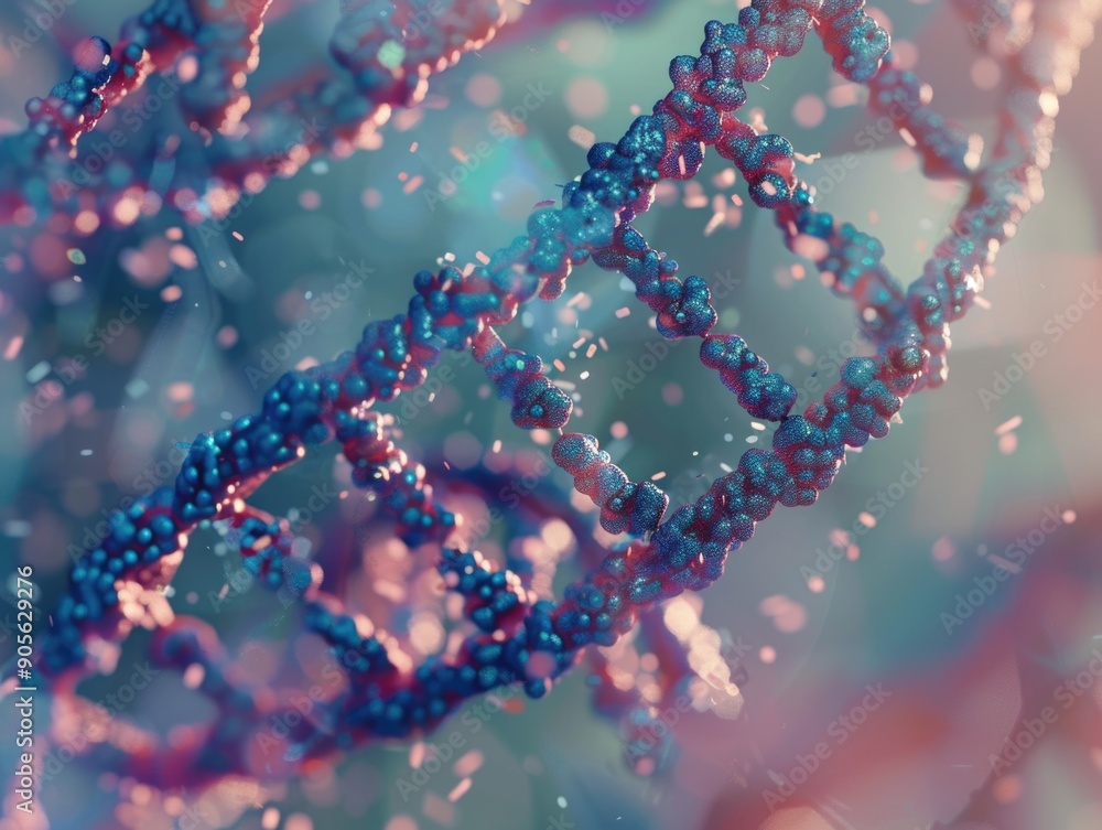 Poster a close up of a dna strand with a blue and pink color scheme. concept of complexity and intricacy, a