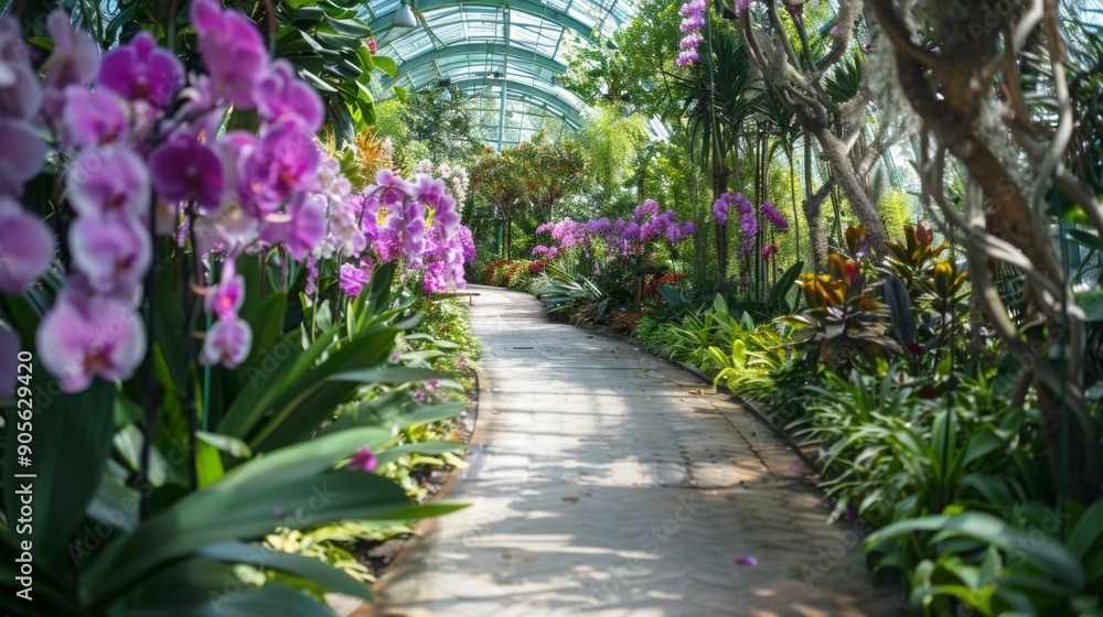 Poster a winding pathway surrounded by colorful orchids and lush greenery invites visitors into a tropical 
