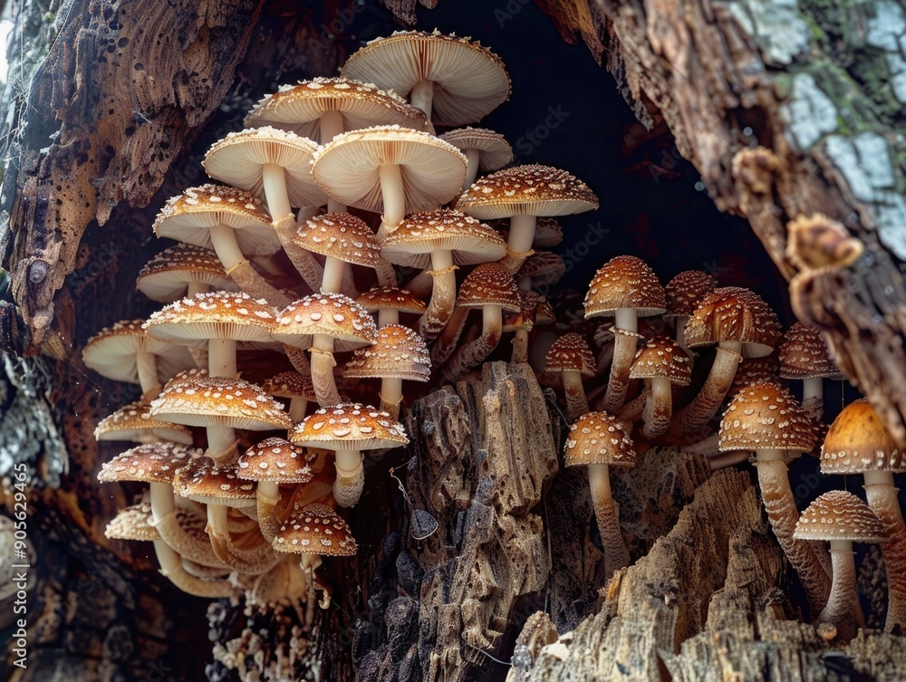Poster a large group of mushrooms growing on a tree trunk. the mushrooms are brown and have many small dots