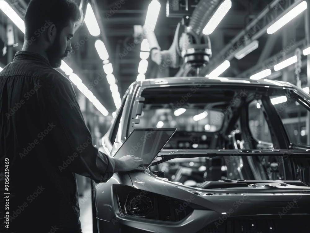 Poster a man is working on a car with a laptop. the car is in a factory and the man is using the laptop to 