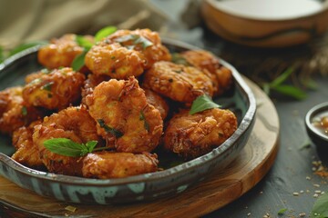 A plate of fried food with green herbs on top. The food looks delicious and inviting. The bowl is placed on a wooden table, and there are other items on the table, such as a bowl and a spoon