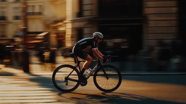 Fast-paced cyclist riding a racing bike through a modern European city, showcasing speed and urban lifestyle in loopable short footage