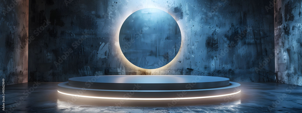 Poster 3d render of a silver background with a round podium and glowing light rays. the abstract design fea