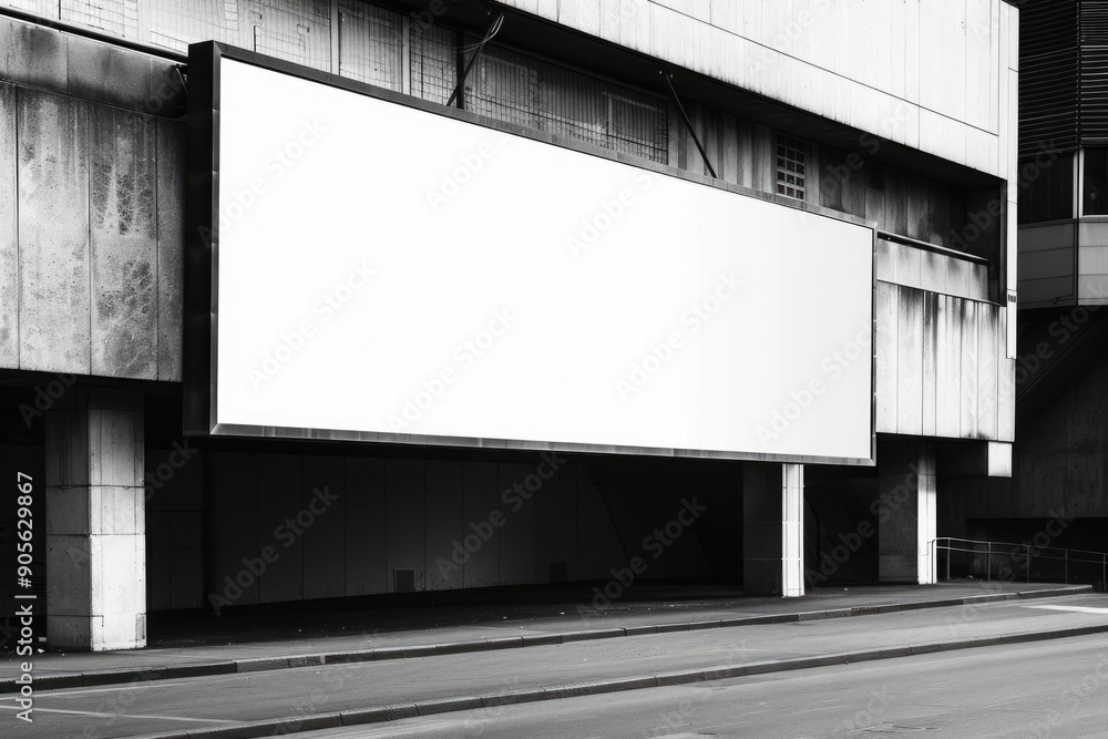 Poster a large white billboard is hanging from a building. the billboard is empty and has no writing on it.