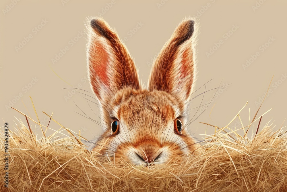 Poster a rabbit is peeking out from a pile of hay. the rabbit's ears are pointed forward, and it has a curi