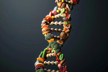 DNA helix created from junk food, symbolizing the relationship between diet and genes Fast-food, high-quality, digital illustration, obesity gene