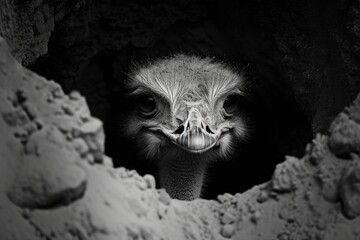 A black and white photo of an ostrich with its head sticking out of a hole. The ostrich appears to be looking at the camera and is smiling. The photo has a moody and mysterious feel to it