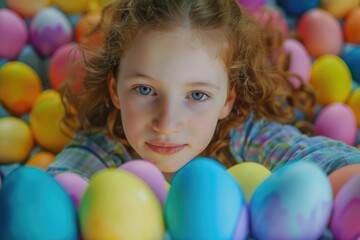 A girl is laying in a pile of colorful eggs. The eggs are of different colors and sizes, and the girl is surrounded by them. The scene is playful and fun