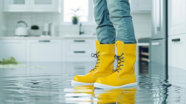 Person in yellow boots standing in a flooded basement, water damage visible Realistic, high-resolution, digital art, flood cleanup and restoration