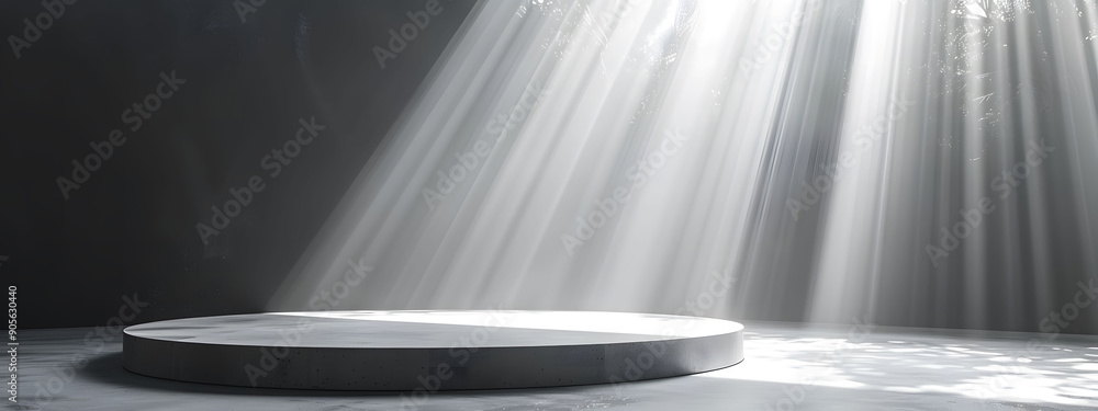 Poster 3d render of a silver background with a round podium and glowing light rays. the abstract design fea