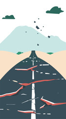 Damaged asphalt road cracked earthquake destruction, broken highway cracks concept. Desert landscape crumbling road leading toward mountains, natural damaged infrastructure. Quake