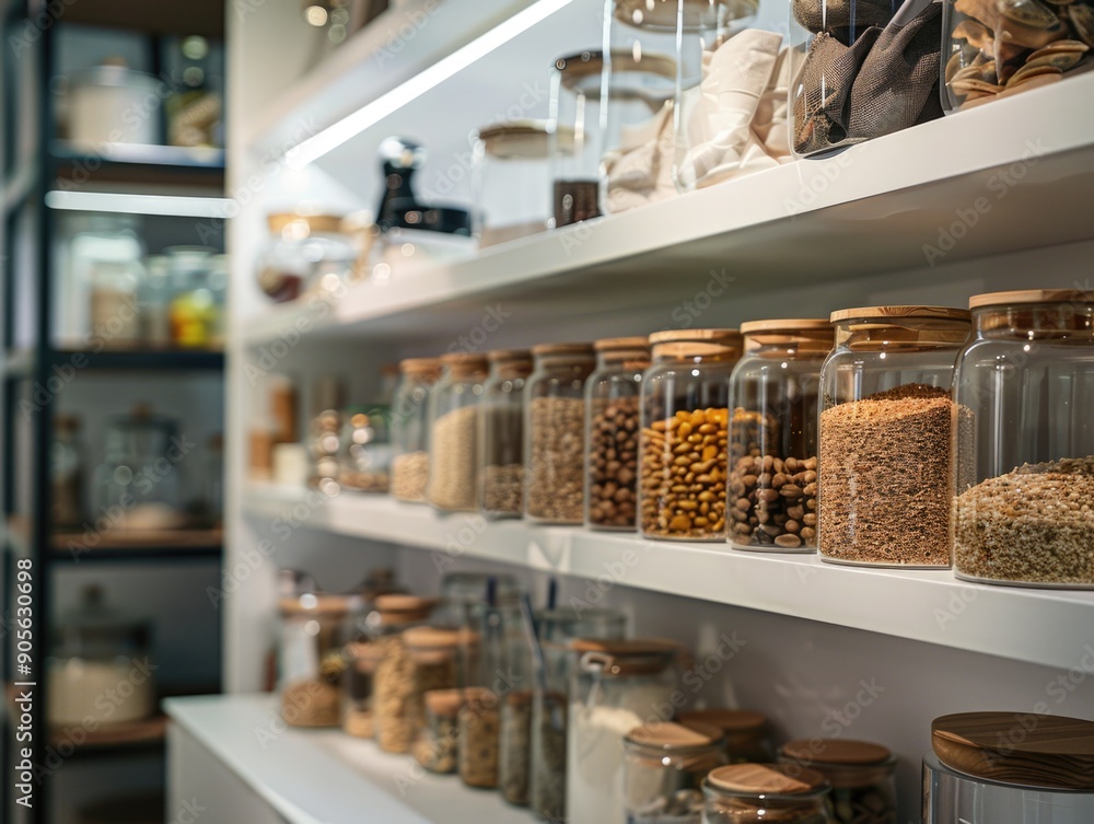 Poster a shelf full of glass jars with various spices and grains. the jars are arranged in a way that makes