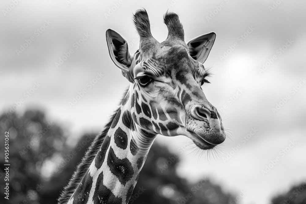 Poster a giraffe is looking at the camera with its mouth open. the image has a moody and mysterious feel to