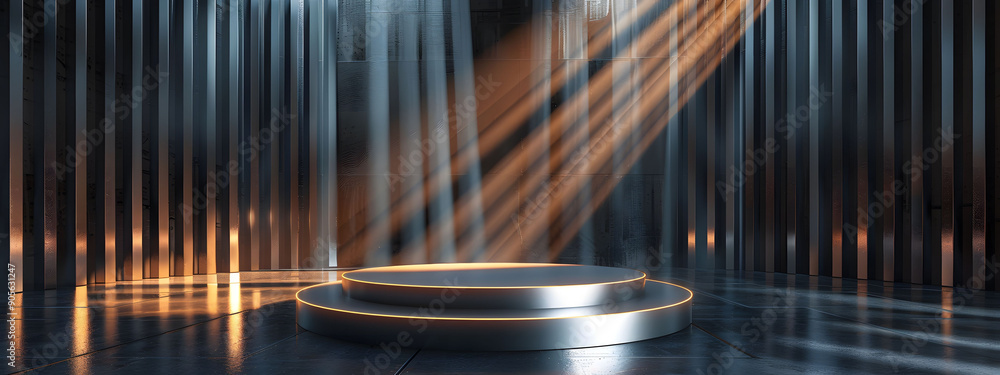 Poster 3d render of a silver background with a round podium and glowing light rays. the abstract design fea