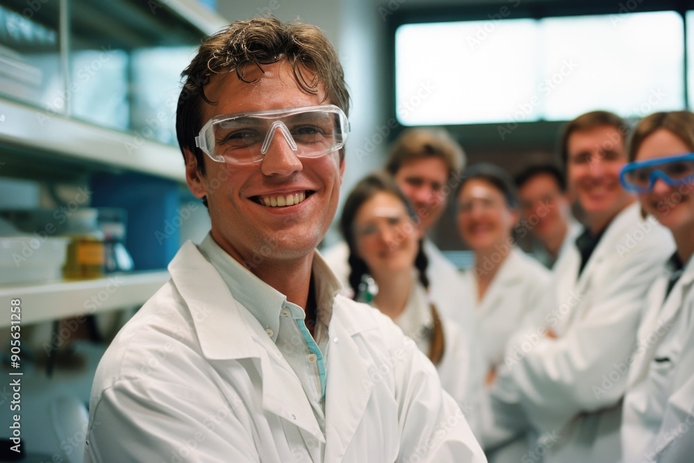 Poster a group of scientists wearing lab coats and goggles are smiling for the camera. the man in the cente