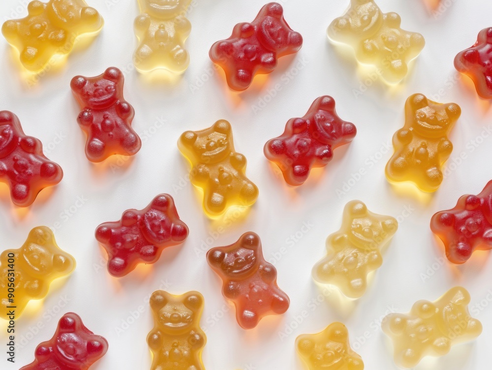 Poster a bunch of gummy bears in various colors are arranged in a pattern. the bears are smiling and seem t